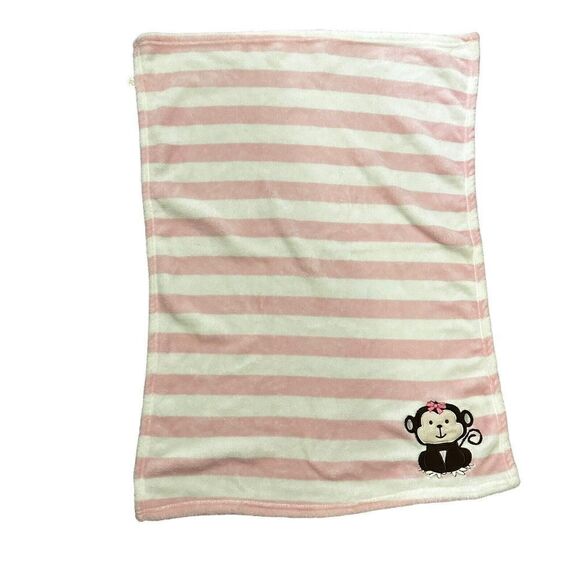 SNUGLY BABY Pink White Striped Print Fleece Monkey Bow Blanket Lovey HTF - Picture 3 of 6